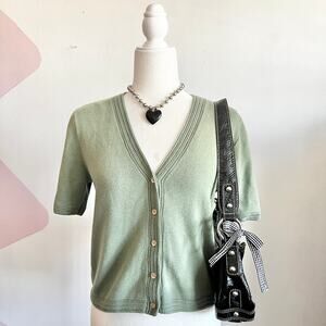 Joie Green Short Sleeve Cardigan, Minimalist‎ Preppy Modern Classic Medium